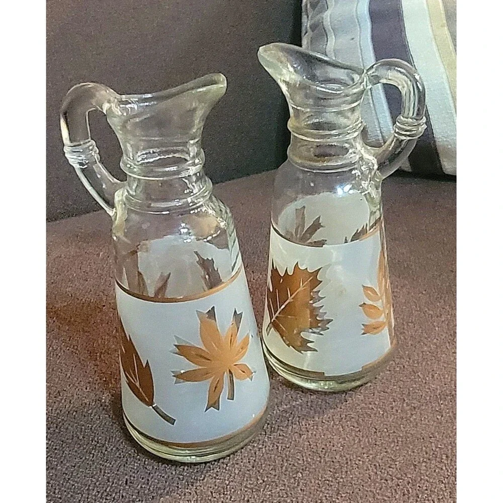 VTG Mid-Centry Frosted Cruet Oil Vinegar Set Gold Leaves Anchor Hocking Starlyte
